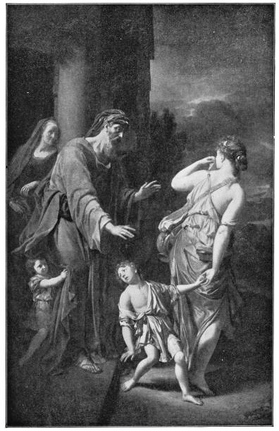 Dismissal of Hagar by Adrien van der Werfft Dismissal of Hagar by Adrien van der Werfft. Vintage halftone etching circa late 19th century. father abraham stock illustrations