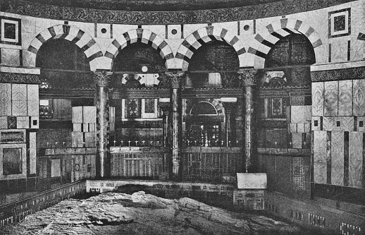 The The Foundation Stone at the Dome of the Rock in Jerusalem, Israel. Vintage halftone photo etching circa late 19th century.