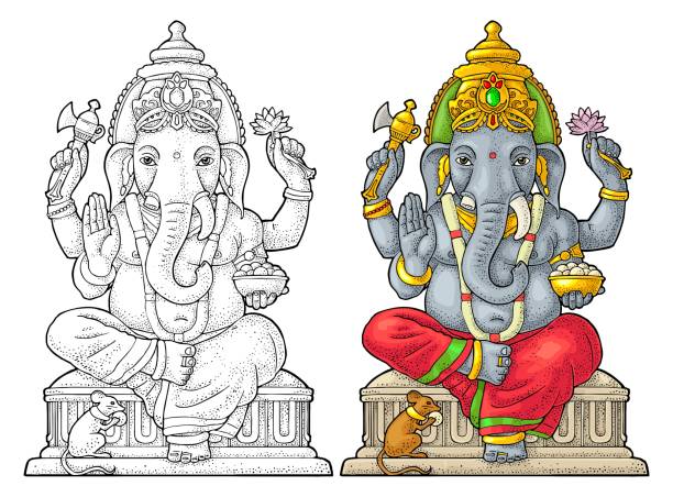 illustrations, cliparts, dessins animés et icônes de roland avec la souris pour affiche ganesh chaturthi. gravure de vector vintage - elephant god