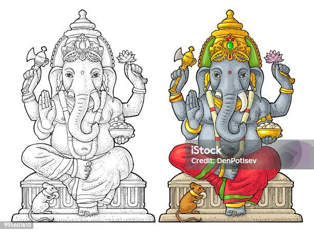 Ganpati With Mouse For Poster Ganesh Chaturthi Engraving Vintage Vector Stock Illustration - Download Image Now