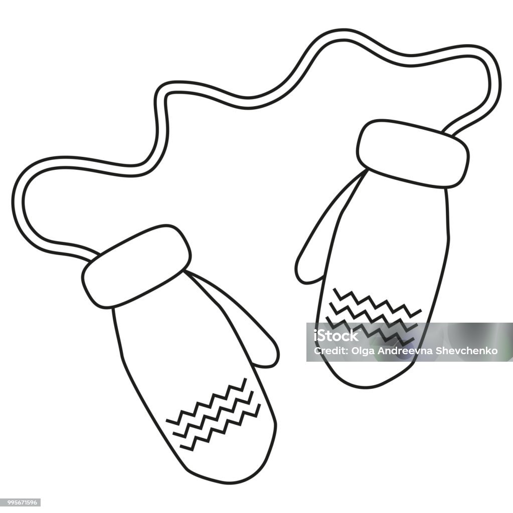 Line art black and white 2 connected winter gloves Line art black and white 2 connected winter gloves. Knitted warm clothing for christmas time. New year themed vector illustration for icon, stamp, label, badge, certificate or gift card decoration 2019 stock vector