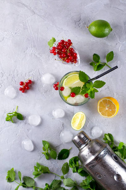 istock Cocktail shaker, lemon, lime, mint leaves , red currant  and  ice  for preparing a summer cocktail 995671610