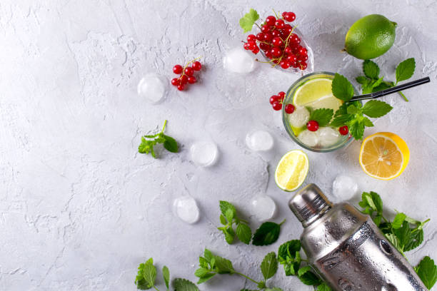 istock Cocktail shaker, lemon, lime, mint leaves , red currant  and  ice  for preparing a summer cocktail 995671612