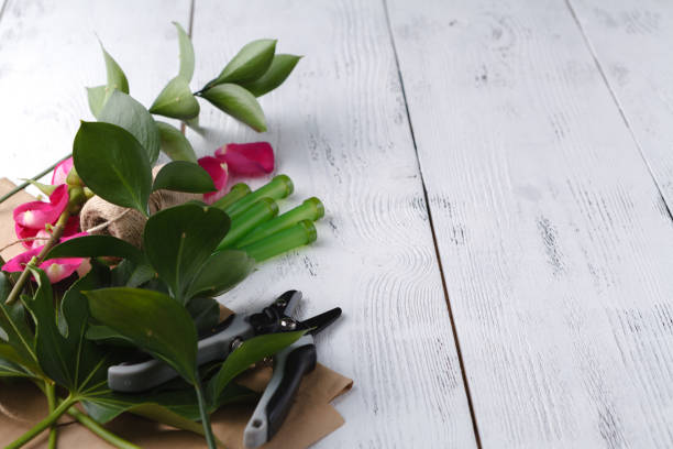 istock Floral background on white wooden table, make flowers decoration 995679352
