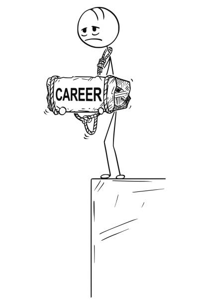 cartoon of depressed man standing on edge holding stone with career text tied to his neck - suicide businessman the end depression stock illustrations