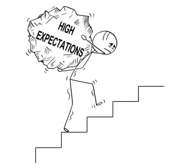 ilustrações de stock, clip art, desenhos animados e ícones de cartoon of man carrying upstairs big piece of rock with text high expectations - upstairs