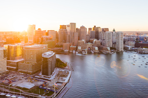 Aerial photograph of the East Boston Waterfront at Sunset.