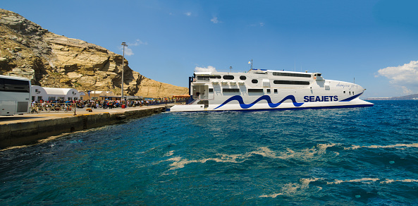 Santorini, Greece-May 11, 2018-The SeaJets line fast ferry \
