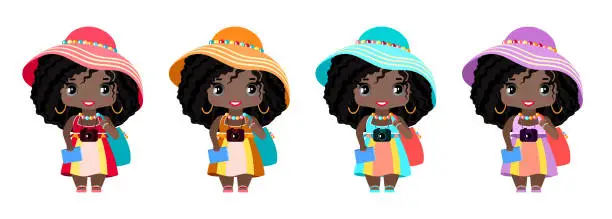 Vector illustration of little tourist girl, in a summer sundress, clogs, hat, with a camera