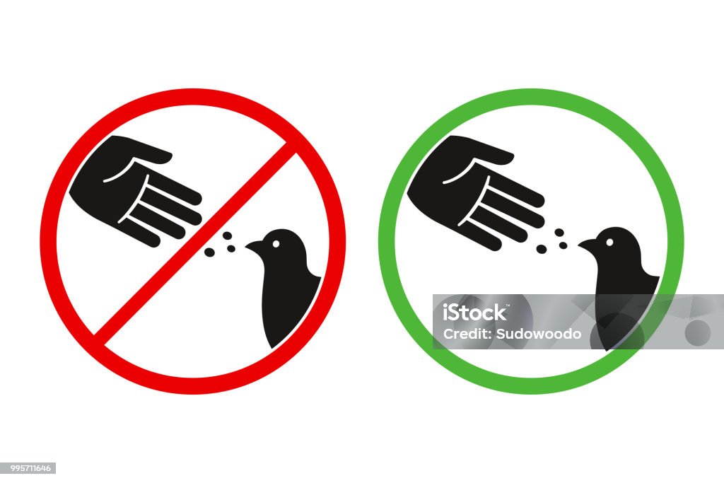 Don't feed birds sign Do not feed the birds warning sign, stylized vector pigeon silhouette and hand symbol in crossed red circle. Feeding animals allowed in green circle. Feeding stock vector