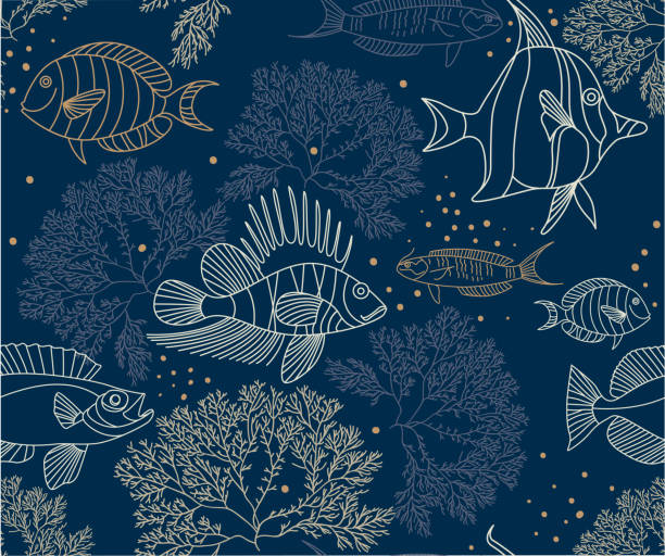 Trendy pattern with fishes and algae on a blue background Hand drawn seamless vector pattern. fish designs stock illustrations