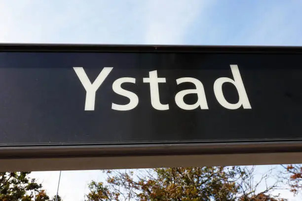 Ystad railroad station name sign.