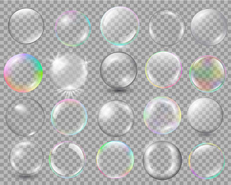 Big set of different spheres with glares and highlights. Vector illustration with transparencies, gradient and effects. Realistic glossy orb, water soap bubble, white pearl.