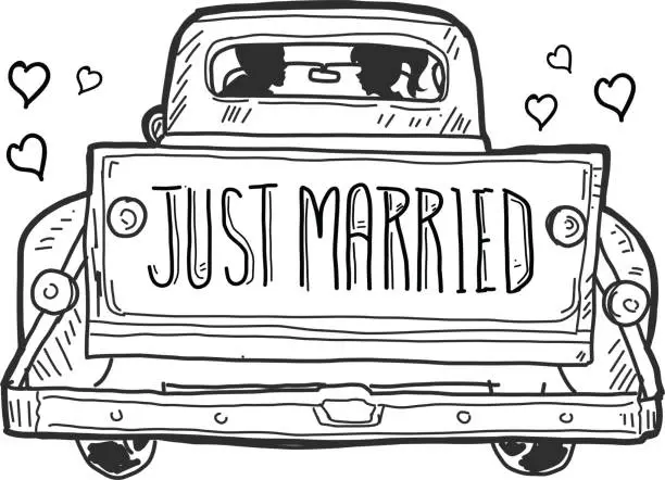 Vector illustration of Just Married Old fashioned pick up truck tailgate with watercolor texture