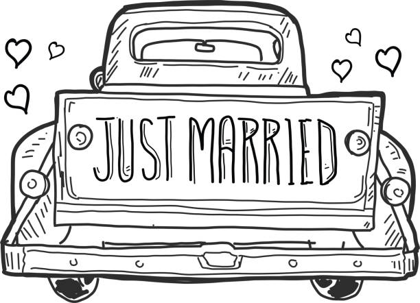 stockillustraties, clipart, cartoons en iconen met net getrouwd oud ouderwetse pick-up truck achterklep met aquarel textuur - wedding back