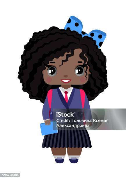 Ilustración de Niña Con Piel Oscura Pelo Rizado Negro Ojos Grises Azul Arco  Y Uniforme Escolar y más Vectores Libres de Derechos de Niña en edad  escolar - iStock