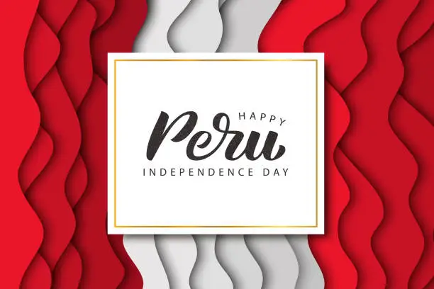 Vector illustration of Vector realistic isolated greeting card with typography for 28th July Independence Day in Peru for decoration and covering on the paper cut layer flag background.