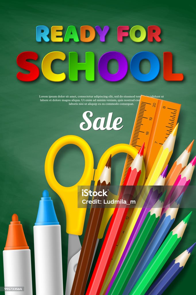 Ready For School Sale Poster With Realistic School Supplies Paper ...