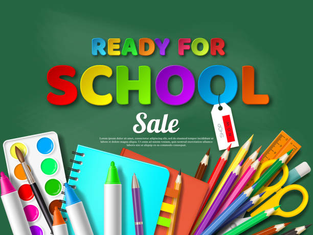 gotowy do sprzedaży plakat ze sprzedażą szkoły z realistycznych przyborów szkolnych. listów stylu cięcia papieru na tle tablicy, ilustracja wektorowa. - back to school stock illustrations