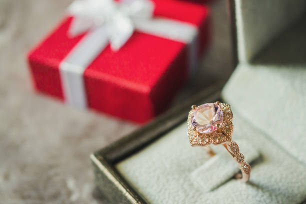 istock jewelry pink diamond ring with red gift box background 995745392