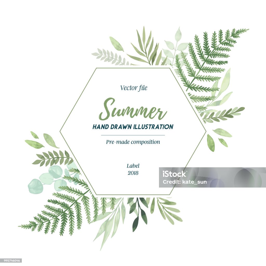 Vector watercolor illustration. Botanical label with Green leaves, herbs, ferns and branches. Floral Design elements. Perfect for wedding invitations, greeting cards, blogs, posters and more Wedding Invitation stock vector