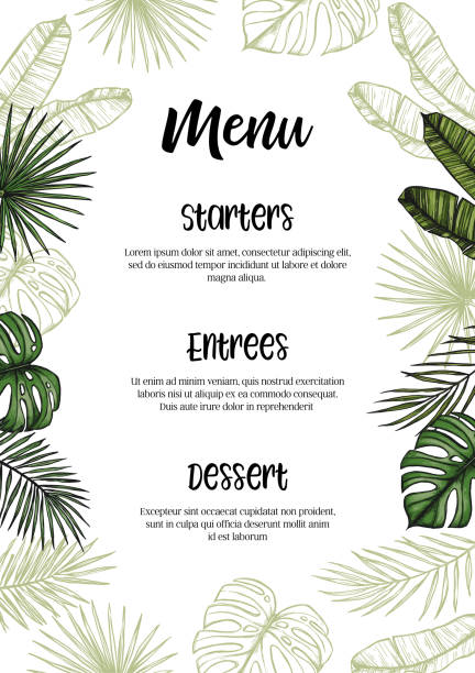 Tropical wedding Menu. Invitation with palm leaves. Hand drawn vector template. Perfect for prints, posters, invitations, greeting cards etc Tropical wedding Menu. Invitation with palm leaves. Hand drawn vector template. Perfect for prints, posters, invitations, greeting cards etc areca palm tree stock illustrations