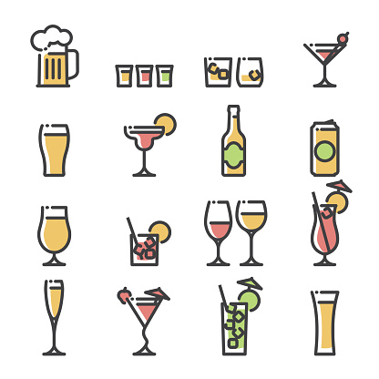 Line art icons representing various generic alcoholic drinks in their respective glasses. Drinks include beer, wine, spirits and cocktails.