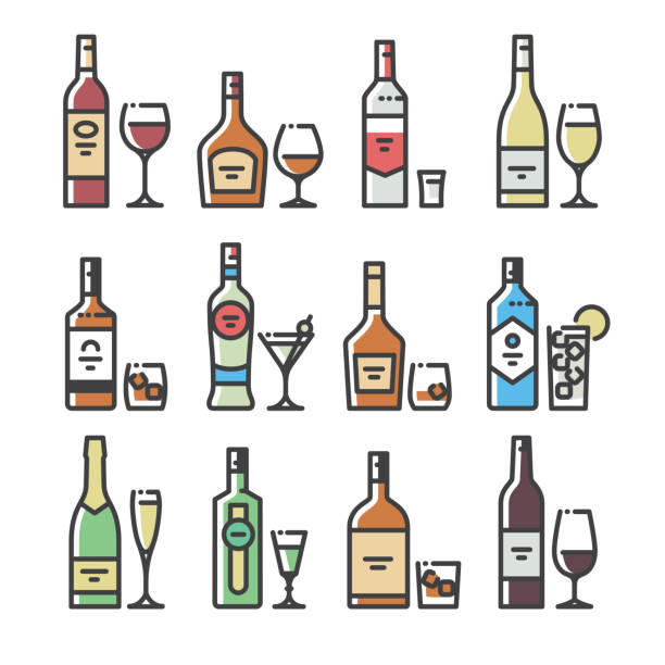 illustrazioni stock, clip art, cartoni animati e icone di tendenza di bottiglie e bicchieri alcool - icone line art - silhouette vodka bottle glass