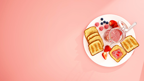 Toast strawberry jam with blueberry and berry on white dish in pink background - Bakery on pink backdrop for artwork - Breakfast of everybody like - 3D Rendering