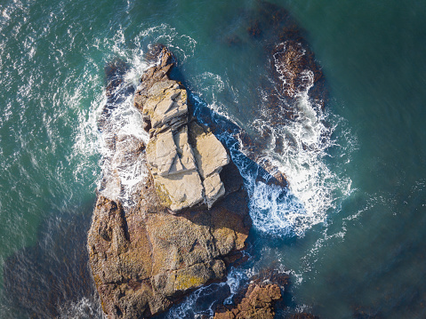 Aerial view above a rock formation near Acadia National Park in Maine.