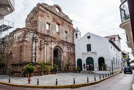Old building facade in Casco Viejo in Panama City - historical architecture