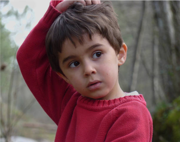 Child with black eyes with red pullover, in the field