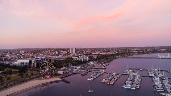 Aerial View of Geelong City and Boats and Waterfront