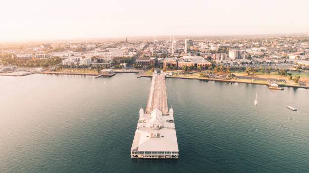 Aerial View of Geelong City and Waterfront Aerial View of Geelong City and Boats and Waterfront Victoria Bay stock pictures, royalty-free photos & images