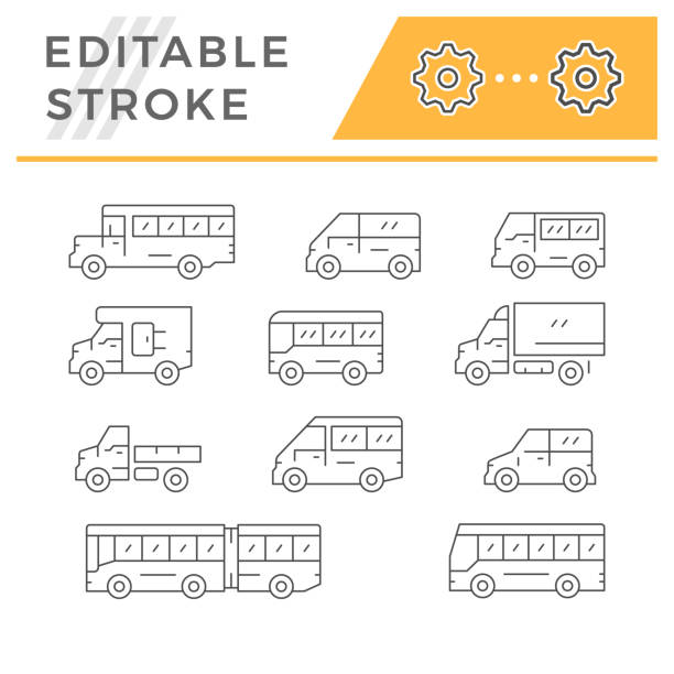 Set line icons of bus and van Set line icons of bus and van isolated on white. Editable stroke. Vector illustration small bus stock illustrations