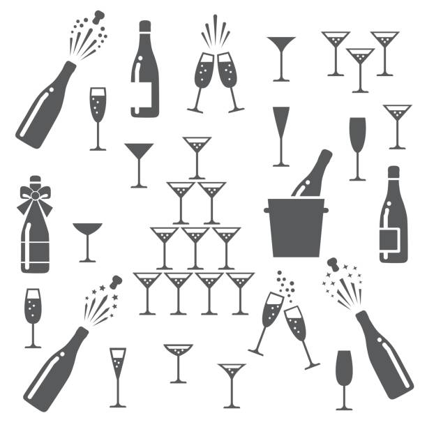 Champagne icons set Champagne icons. Cheering opening popping bottles and glasses of champagne, cheers and cheerful signs silhouettes vector illustration physical description foods and drinks event household equipment stock illustrations