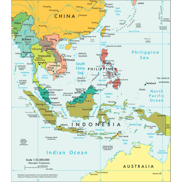 Vector illustration of the political map of South East AsiaReference map was created by the US Central Intelligence Agency and is available as a public domain map at the University of Texas Libraries website.https://www.cia.gov/library/publications/resources/the-world-factbook/graphics/ref_maps/political/pdf/southeast_asia.pdf