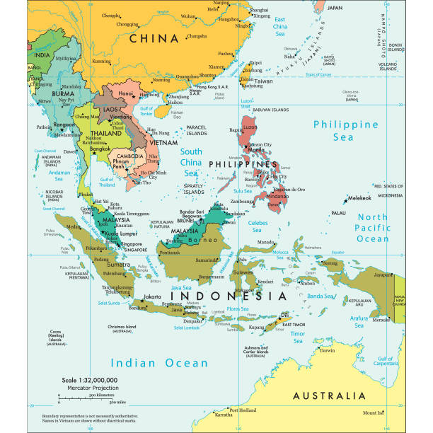 Political map of South East Asia Vector illustration of the political map of South East Asia

Reference map was created by the US Central Intelligence Agency and is available as a public domain map at the University of Texas Libraries website.

https://www.cia.gov/library/publications/resources/the-world-factbook/graphics/ref_maps/political/pdf/southeast_asia.pdf vietnam stock illustrations