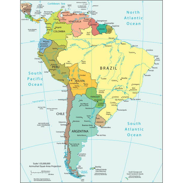 Political map of South America Vector illustration of the political map of South America

Reference map was created by the US Central Intelligence Agency and is available as a public domain map at the University of Texas Libraries website.

https://www.cia.gov/library/publications/resources/the-world-factbook/graphics/ref_maps/political/pdf/south_america.pdf south amerika stock illustrations