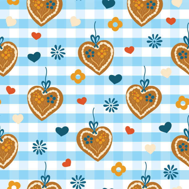 illustrations, cliparts, dessins animés et icônes de oktoberfest lebkuchenherz gingerbread coeur vectorielle continue motif sur un fond quadrillé bleu et blanc avec fleurs et coeurs bleus, rouges et blancs. idéal pour les arrière-plans, conditionnement, tissu et l’emballage. - lebkuchenherz oktoberfest heart shape gingerbread cookie