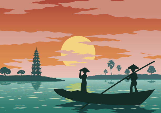 woman stand in boat to go to pay respect woman stand in boat to go to pay respect to Tran Quoc famous pagoda of Vietnam ,vintage color,vector illustration vietnamese culture stock illustrations