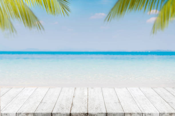 istock Empty wood table top and blurred Palm tree summer beach with blue sea and sky background. - can used for display or montage your products. 995887272
