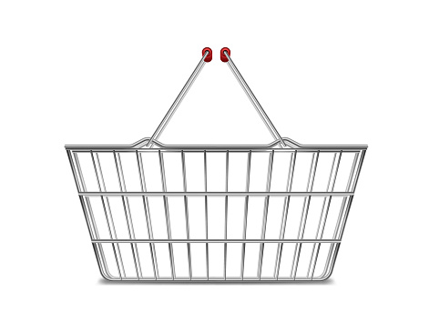 Realistic metal empty supermarket shopping basket side view isolated on white. Basket market cart for sale with handles. vector illustration EPS 10