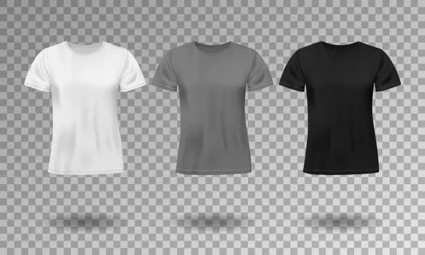 Vector illustration of Black, white and gray realistic male t-shirt with short sleeves. Blank t-shirt template isolated. Cotton man shirt design. Vector illustration