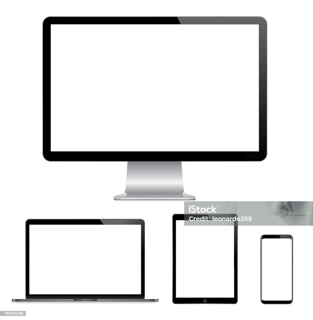 Ilustración de alta calidad sistema de monitor de la computadora moderna, portátil, tableta digital y teléfono móvil con pantalla en blanco - arte vectorial de Monitor de ordenador libre de derechos