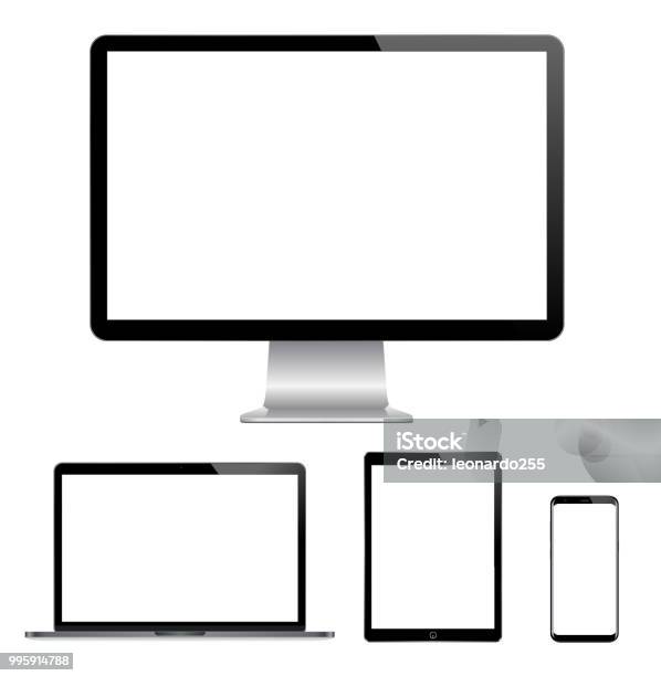 高品質の図は現代のコンピューター モニターノート パソコンデジタル タブレット空白の画面を持つ携帯電話の設定 - パソコンモニタのベクターアート素材や画像を多数ご用意