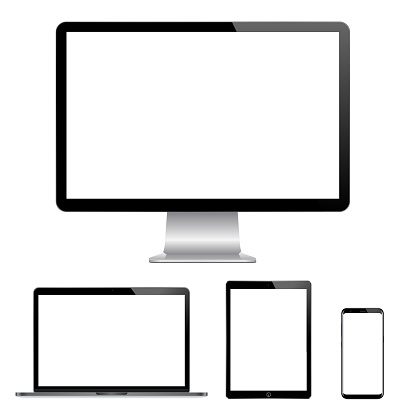 High quality illustration set of modern computer monitor, laptop, digital tablet and mobile phone with blank screen. Isolated on white background. vector eps 10