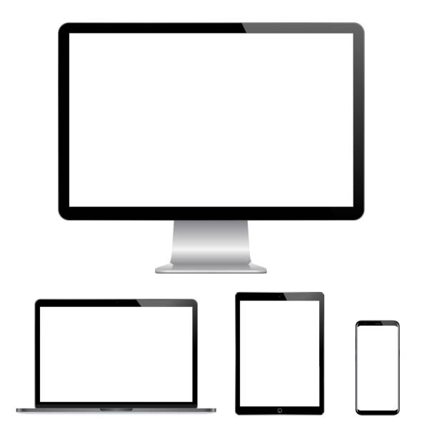 High quality illustration set of modern computer monitor, laptop, digital tablet and mobile phone with blank screen High quality illustration set of modern computer monitor, laptop, digital tablet and mobile phone with blank screen. Isolated on white background. vector eps 10 blank screen stock illustrations