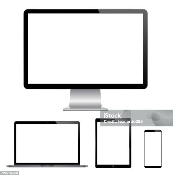 High Quality Illustration Set Of Modern Computer Monitor Laptop Digital Tablet And Mobile Phone With Blank Screen Stock Illustration - Download Image Now