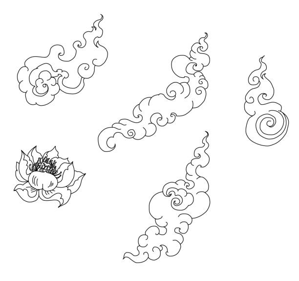 tattoo and sticker for printing.Gold Line Thai fire and cloud tattoo.Hand drawn red fire vector set.Chinese cloud isolate vector. black and white tattoo and sticker for printing.Line Thai fire and cloud tattoo.Hand drawn red fire vector set.Chinese cloud isolate vector. cartoon of the how to draw a infinity sign stock illustrations